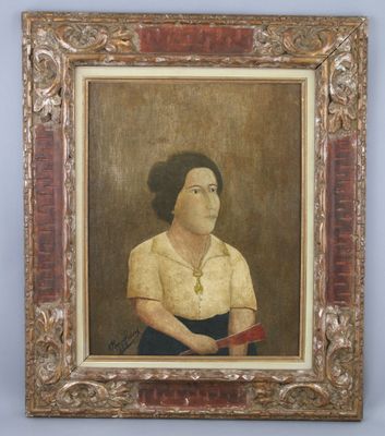 an old painting of a woman in a yellow shirt holding a red book