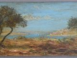 an oil painting of a landscape with trees and a body of water