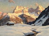 peinture représentant un paysage de montagne avec un ruisseau au premier plan