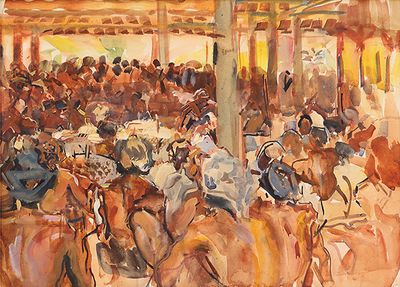 un tableau représentant des personnes à cheval sur un manège
