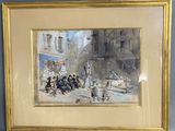 framed painting of a street scene with people and a dog in the foreground