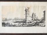an old picture of a painting of a city with a clock tower in the background