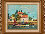 an oil painting of boats on the water in front of a house