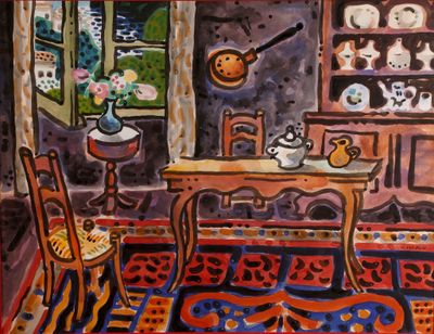 a painting of a room with a table and chairs