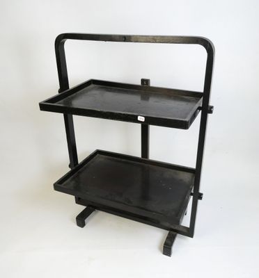 an image of a black metal shelf with two shelves on it