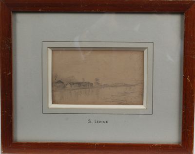 dessin encadré représentant un bateau sur un plan d'eau, avec une maison en arrière-plan