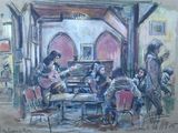 peinture d'un groupe de personnes assises autour d'une table dans une pièce