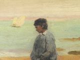 a painting of a man standing on the beach
