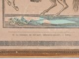 a drawing of a man on a horse that is jumping over a body of water