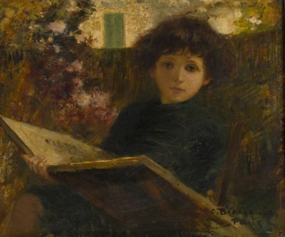 tableau représentant une jeune fille assise sur une chaise en train de lire un livre
