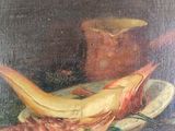 painting of a fish on a plate with a pitcher in the background