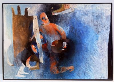 a painting of a man sitting on a chair with a dog