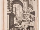 an old book with a drawing of a man sitting in a chair
