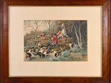 painting of a hunting scene with dogs and hunters in a wooded area