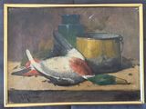 un tableau représentant un oiseau mort et un pot posé sur une table