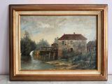 une peinture à l'huile représentant une maison au bord d'une rivière, avec un pont