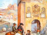 painting of a painting of people riding horses in front of a building