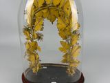 yellow leaves in a glass dome on a wooden base