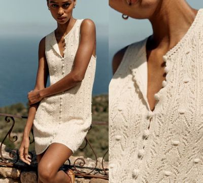 two photos of a woman in a white dress sitting on a stone wall