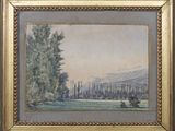 peinture représentant un paysage avec des arbres et des montagnes en arrière-plan