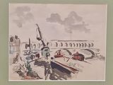 a watercolor painting of a boat docked at a dock