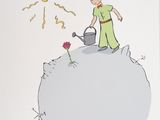 un dessin représentant un garçon en train d'arroser une fleur posée sur un rocher