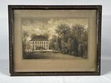 an old picture of a house in a field with trees in the background
