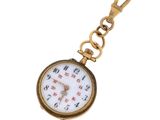 une image représentant une montre de poche attachée à une chaîne, sur fond blanc
