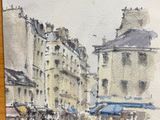 a painting of a street scene with people walking on the sidewalk