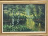 oil painting of a stream in a forest with birch trees
