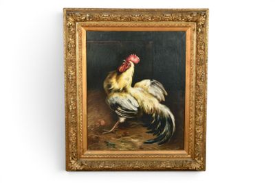 tableau représentant un coq dans un cadre doré accroché à un mur blanc
