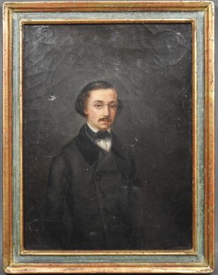 un tableau représentant un homme vêtu d'un manteau noir et d'un nœud papillon