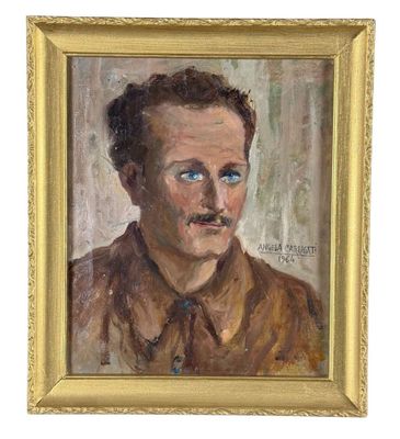 painting of a man in a brown shirt with a mustache and a moustache