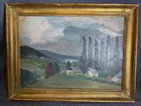 une peinture à l'huile représentant un paysage avec une maison et des arbres