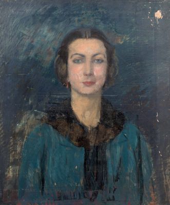 an oil painting of a woman in a blue dress with a brown collar