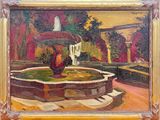 une peinture à l'huile représentant un jardin avec une fontaine au premier plan