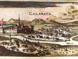 an old drawing of a town with a river and mountains in the background
