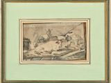tableau représentant deux vaches couchées dans un champ, avec un homme à cheval