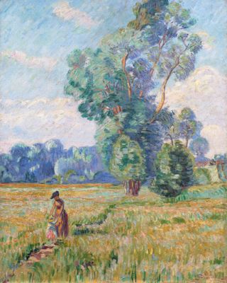 un tableau représentant une femme dans un champ, avec des arbres en arrière-plan