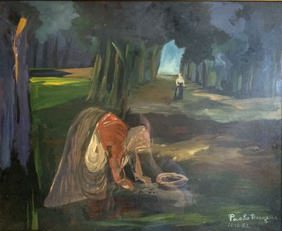 un tableau représentant une femme en train de se laver les mains dans l'eau