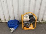 a yellow fire hydrant and a blue hose on the side of the street
