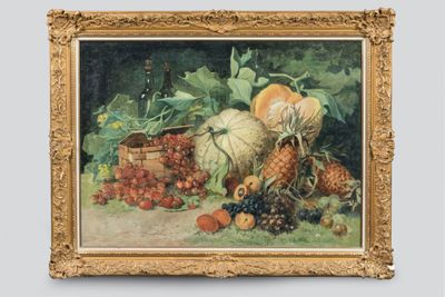 peinture d'une nature morte de fruits et légumes sur une table