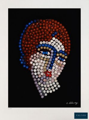a painting of a woman ' s face made out of buttons