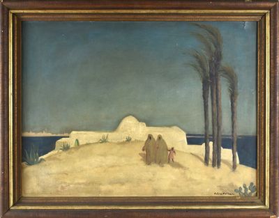 une image représentant un tableau représentant une scène désertique avec des palmiers