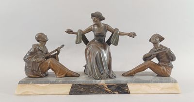 an image of a bronze statue of three women sitting on a marble base