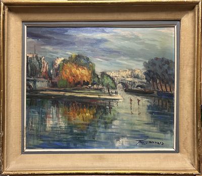 an oil painting of a river scene with a bridge in the background