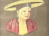 a picture of a painting of a woman with a banana on her head