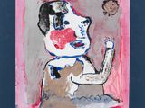 a picture of a painting of a dog with a red nose
