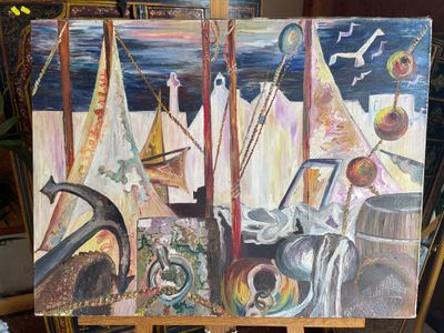 a picture of a painting on a easel in a room