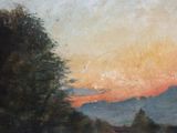 an oil painting of a sunset over a river with trees and mountains in the background